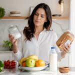 Mujer preocupada revisando alimentos que empeoran el líquen escleroso vulvar
